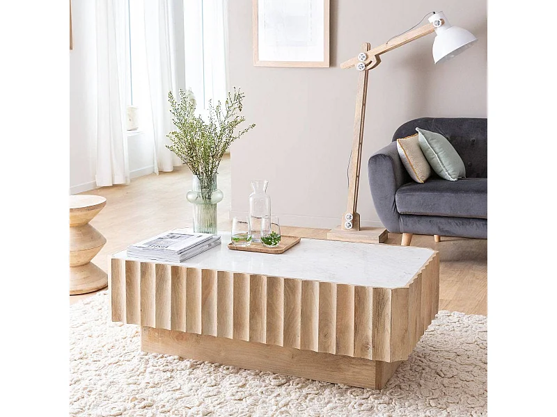 Table basse rectangulaire en bois de manguier et marbre blanc Moana