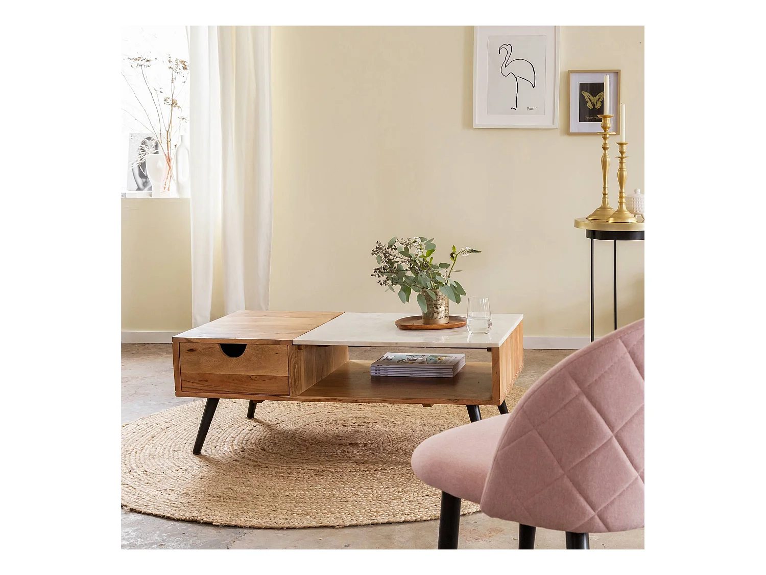 Table basse en bois d'acacia et marbre Frida