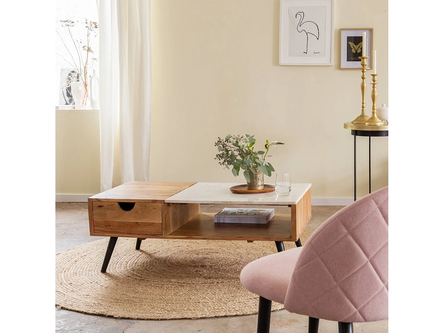 Mesa de centro de acacia y mármol Frida con almacenamiento - Estilo escandinavo