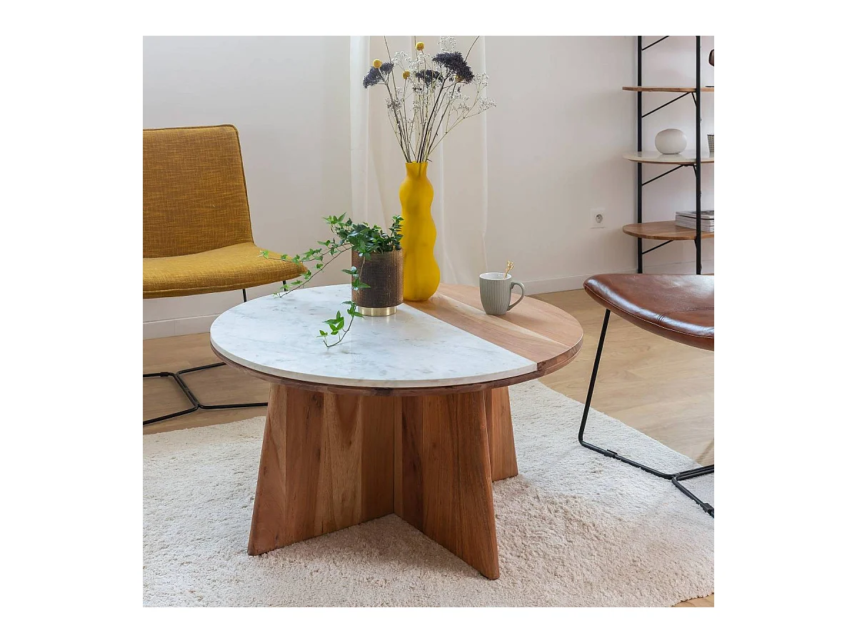Table basse ronde en bois d'acacia et marbre Homère
