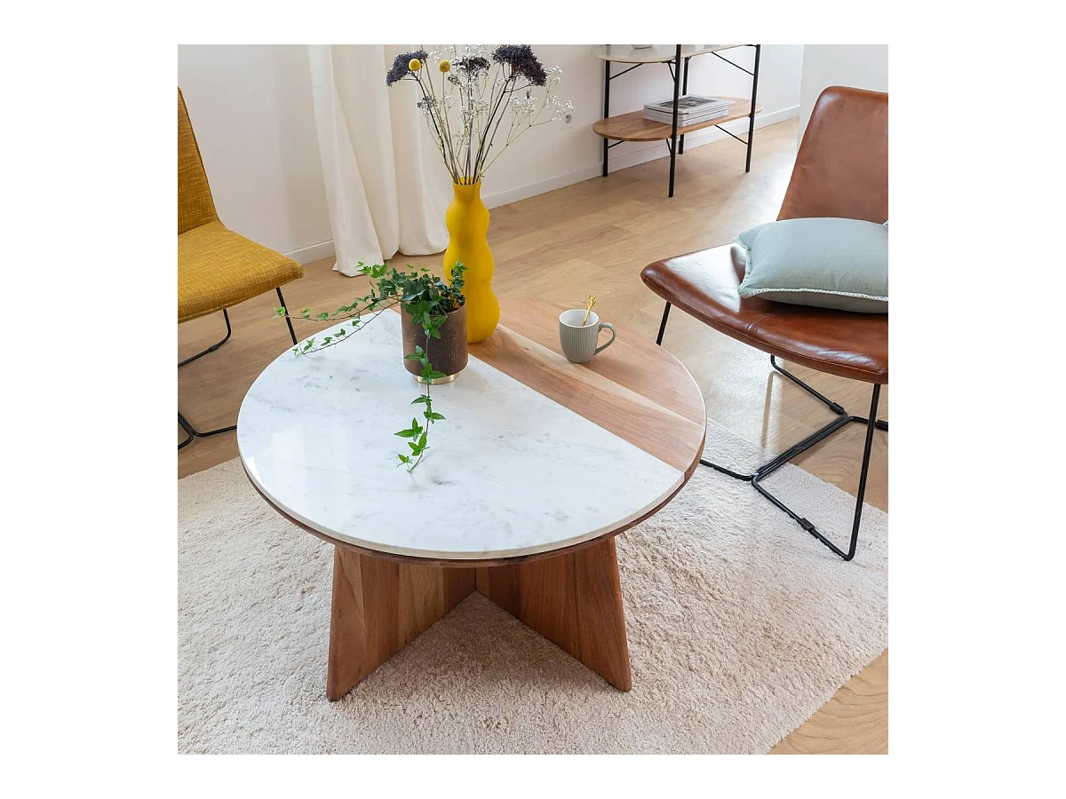 Table basse ronde en bois d'acacia et marbre Homère