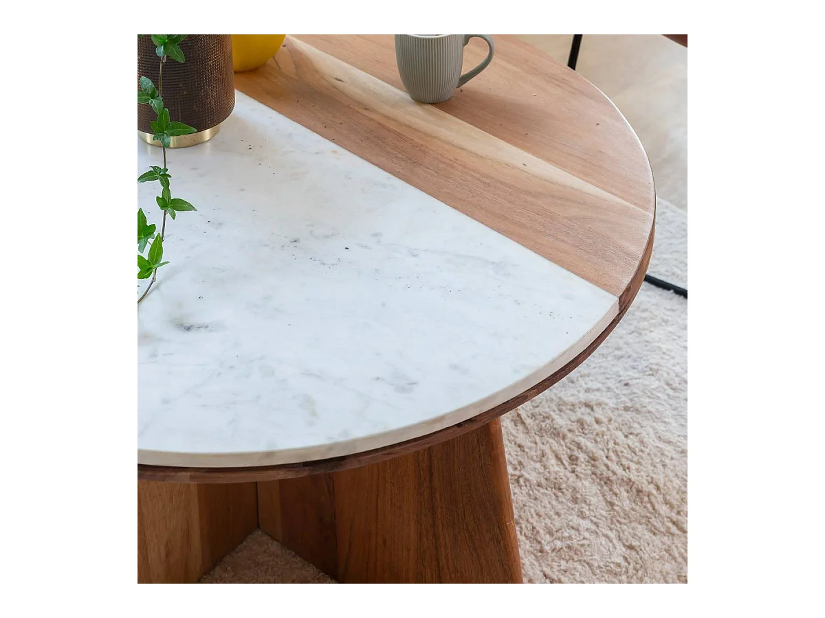 Table basse ronde en bois d'acacia et marbre Homère