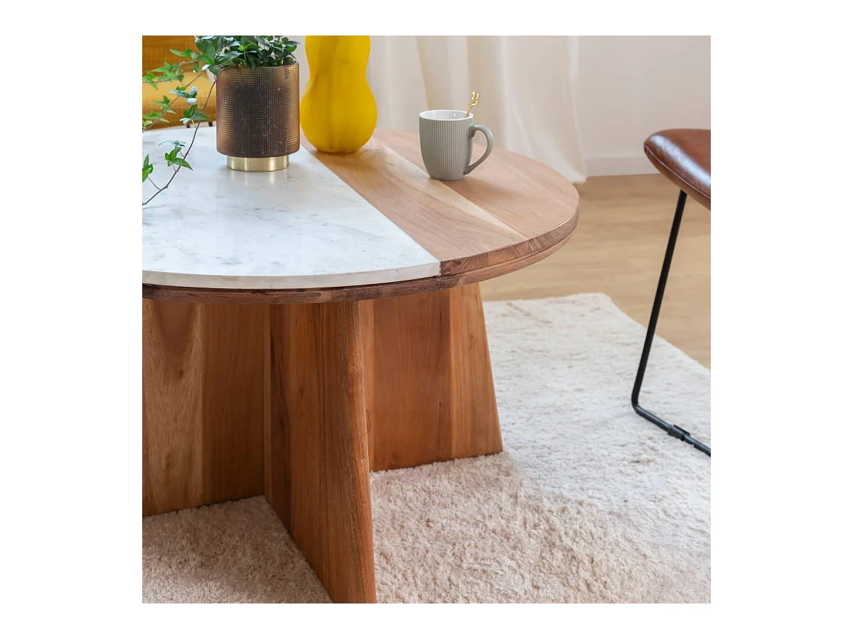 Table basse ronde en bois d'acacia et marbre Homère