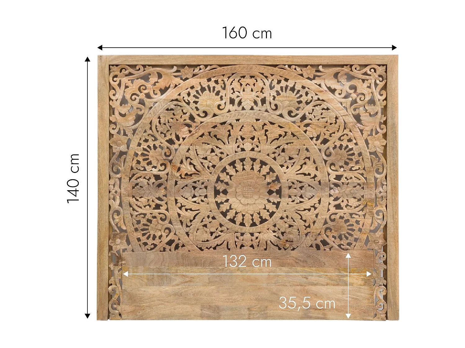 Cabecero de cama de madera de mango tallado Vittoria con almacenamiento integrado para adultos