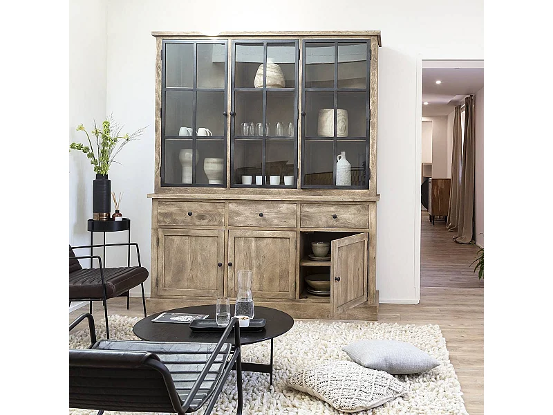 Vaisselier en bois de manguier brossée et métal noir Clotilde