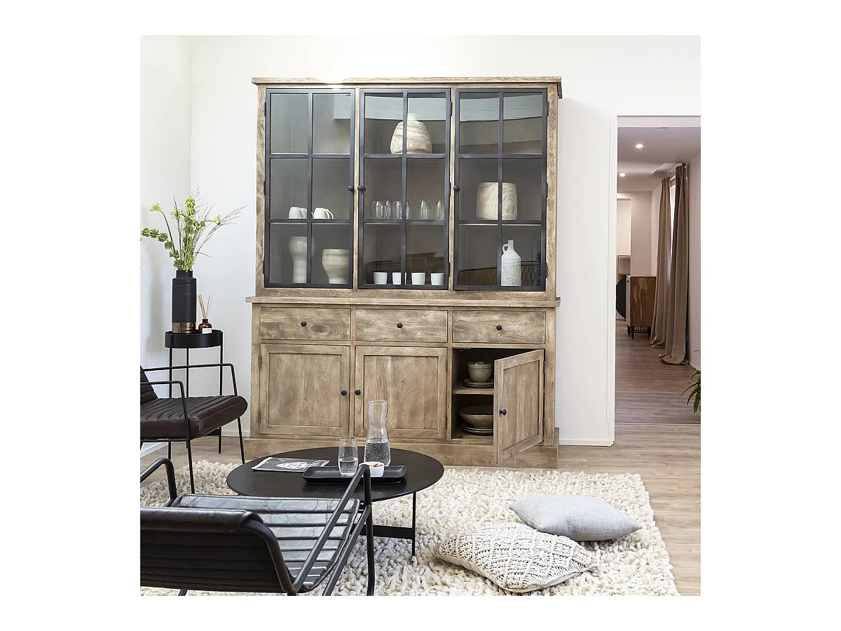 Vaisselier en bois de manguier brossée et métal noir Clotilde