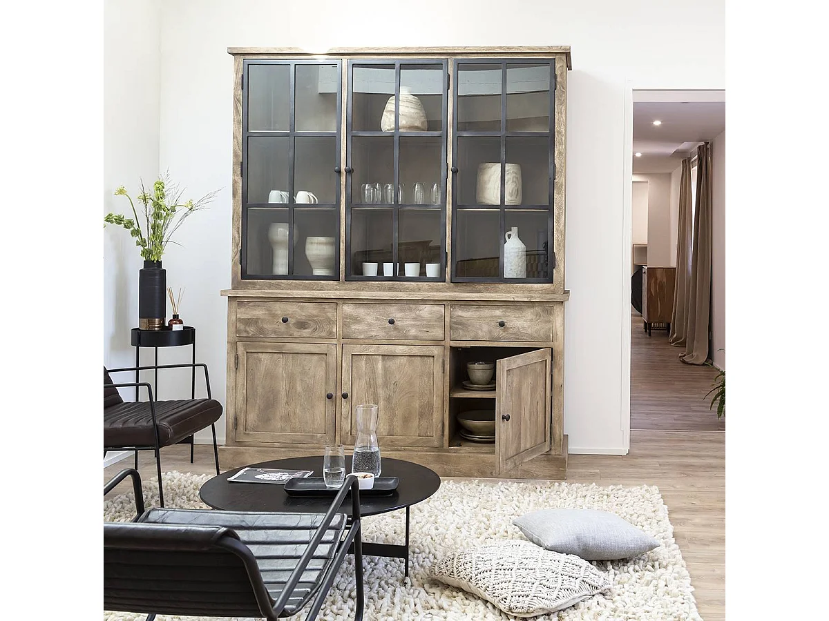 Vaisselier en bois de manguier brossée et métal noir Clotilde