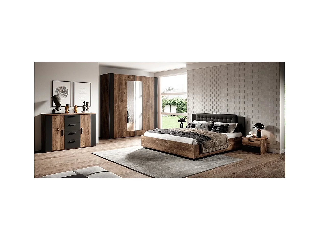 Chambre complète FOX – Lit coffre 180x200, sommier inclus, Armoire, Commode, Chevets – Chêne foncé