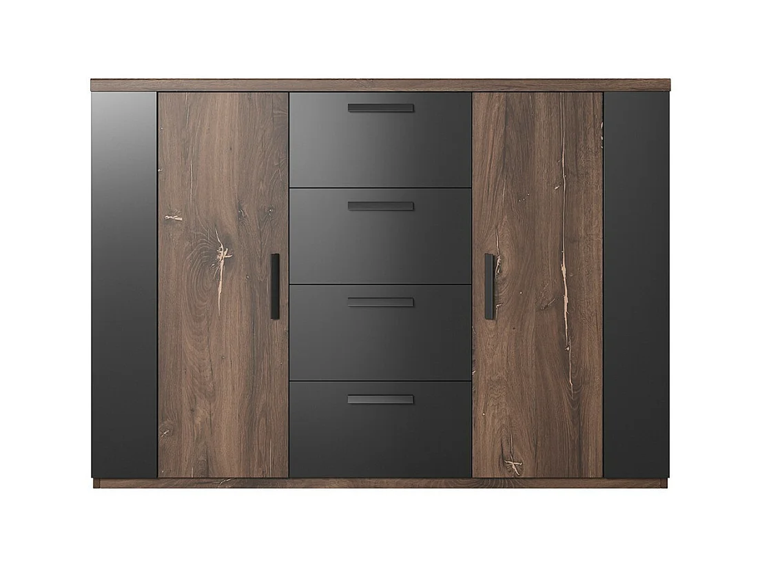 Complete kamer FOX - Opbergbed 180x200, lattenbodem inbegrepen, Kledingkast, Dressoir, Nachtkastjes - Donker eiken