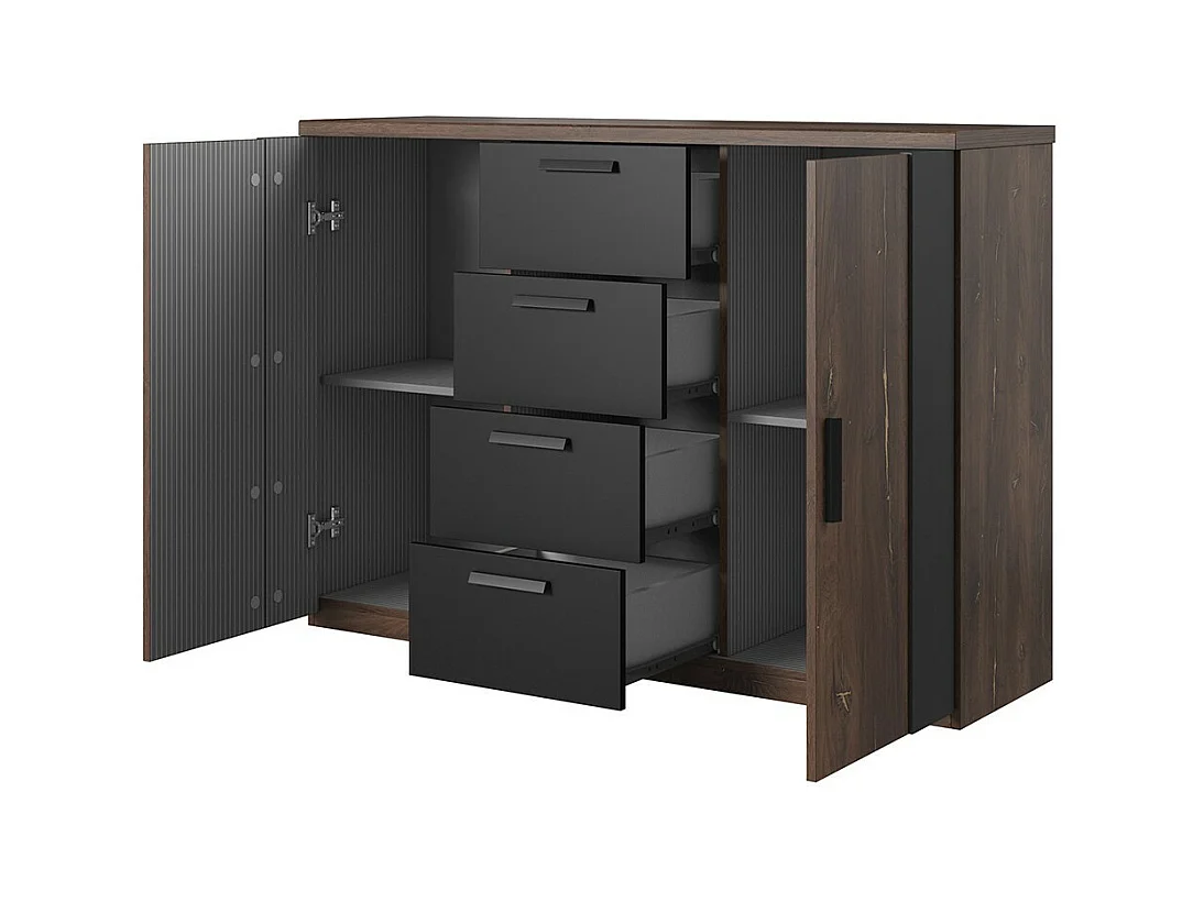 Complete kamer FOX - Opbergbed 180x200, lattenbodem inbegrepen, Kledingkast, Dressoir, Nachtkastjes - Donker eiken