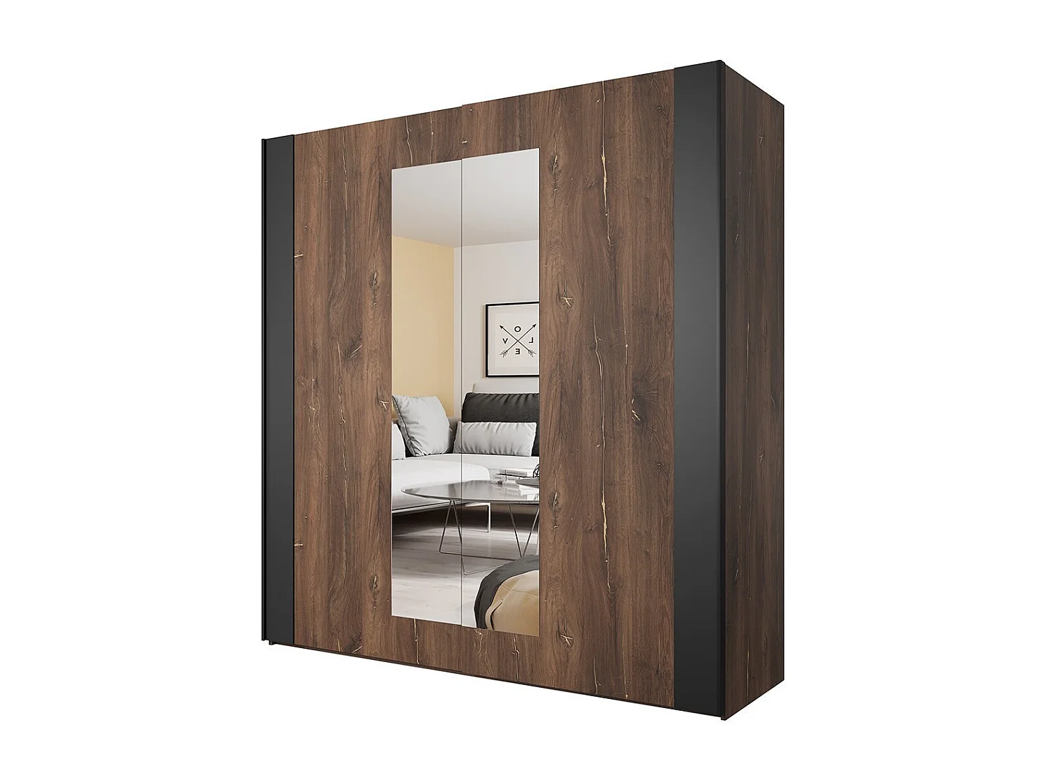 Complete kamer FOX - Opbergbed 180x200, lattenbodem inbegrepen, Kledingkast, Dressoir, Nachtkastjes - Donker eiken