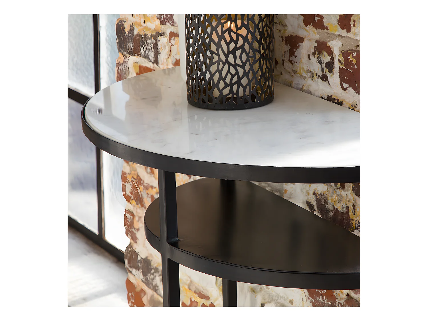 Console demi-lune en marbre blanc et métal Marceau