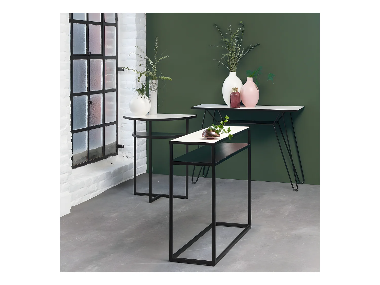 Console demi-lune en marbre blanc et métal Marceau