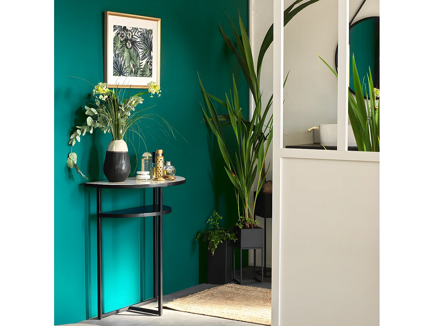 Console demi-lune en marbre blanc et métal Marceau