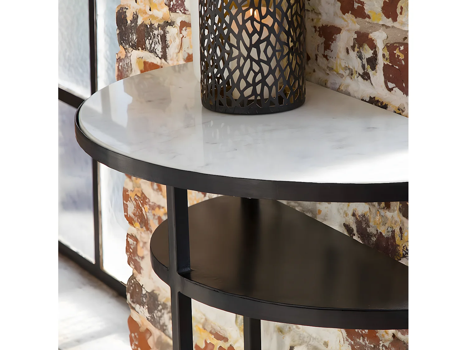 Console demi-lune en marbre blanc et métal Marceau