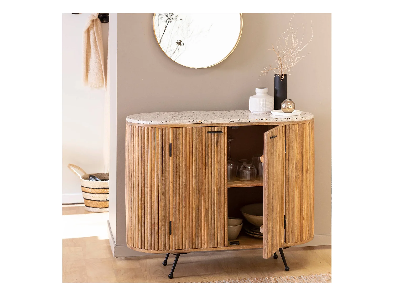 Petit buffet en bois de manguier et terrazzo Ambrine