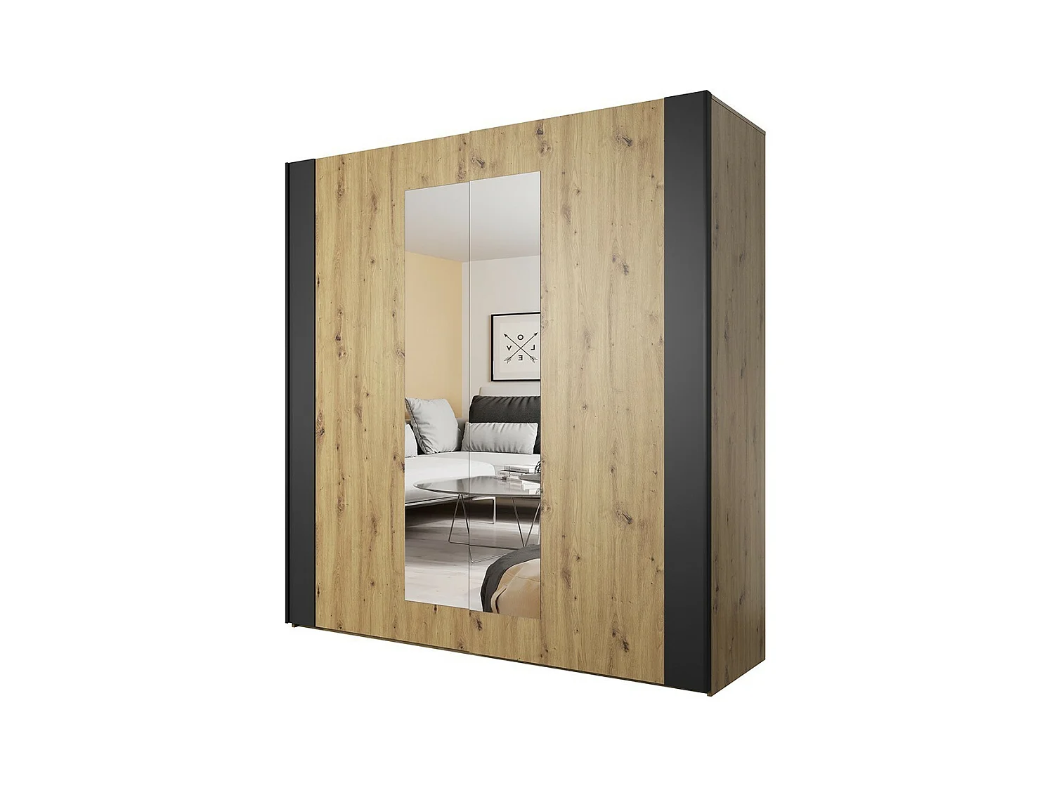 Komplettes Schlafzimmer-Set FOX: Schrank 200cm, Bett 180x200, Kommode, Nachttische. Farbe helles Eichenholz und Schwarz.