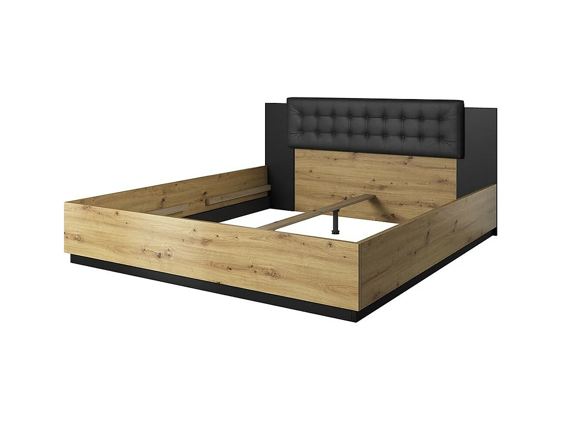 Komplettes Schlafzimmer-Set FOX: Schrank 200cm, Bett 180x200, Kommode, Nachttische. Farbe helles Eichenholz und Schwarz.