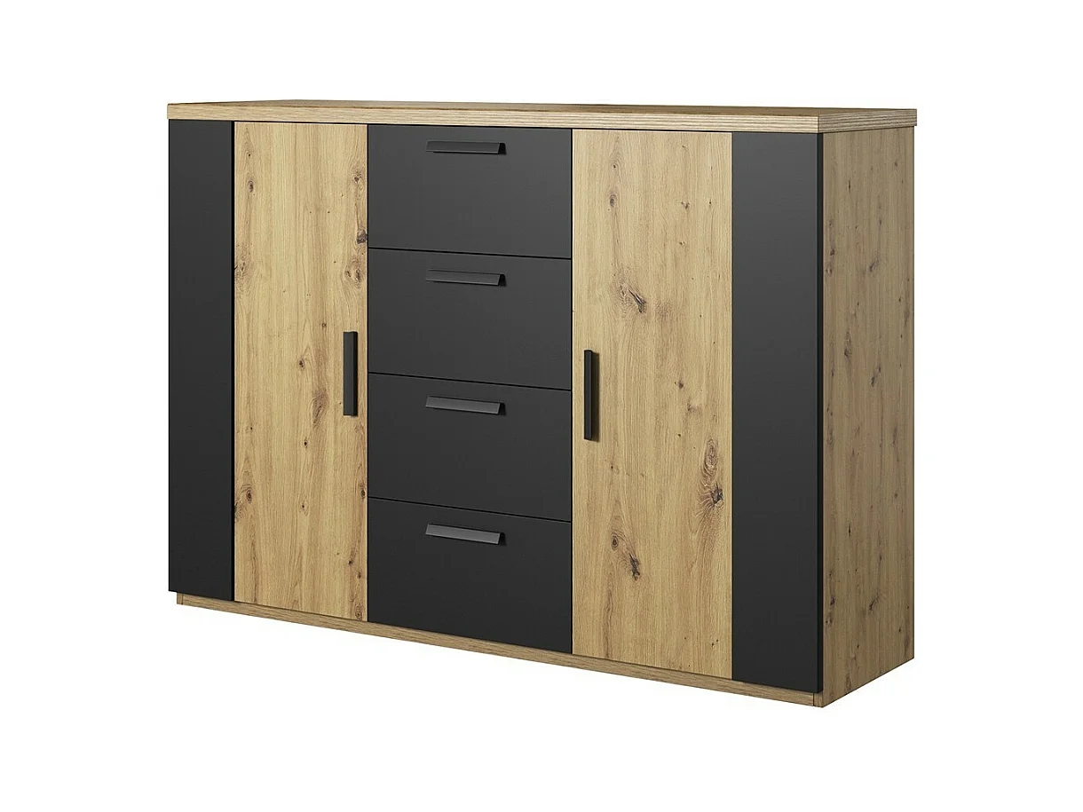 Komplettes Schlafzimmer-Set FOX: Schrank 200cm, Bett 180x200, Kommode, Nachttische. Farbe helles Eichenholz und Schwarz.