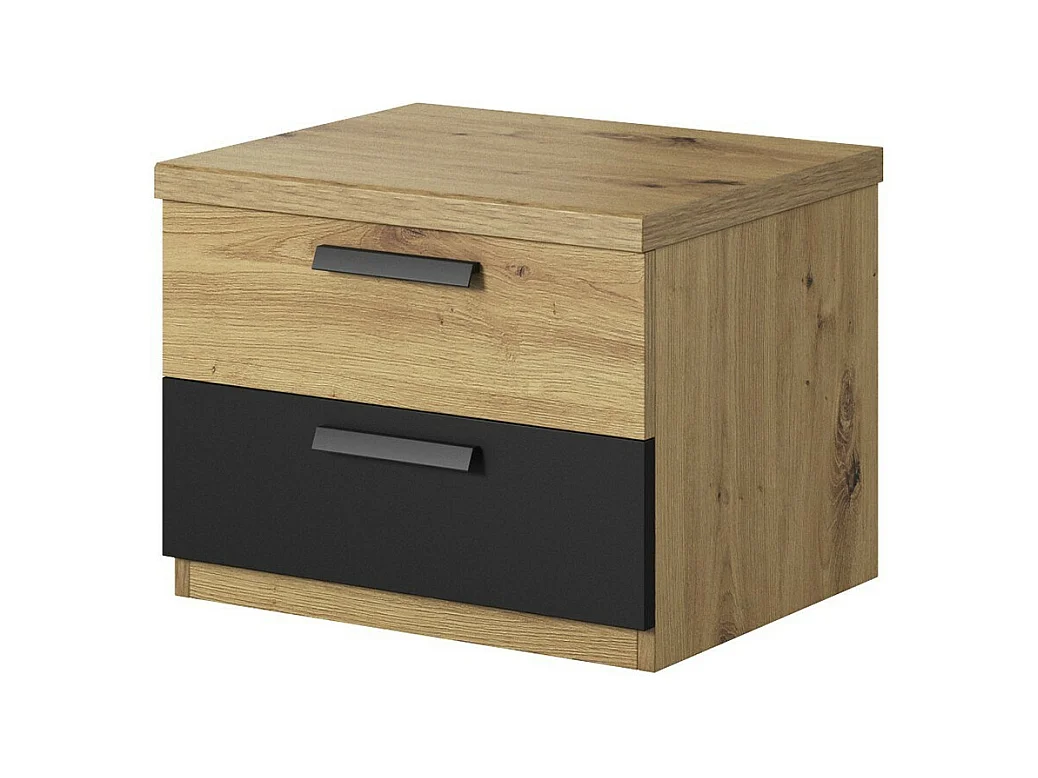 Komplettes Schlafzimmer-Set FOX: Schrank 200cm, Bett 180x200, Kommode, Nachttische. Farbe helles Eichenholz und Schwarz.