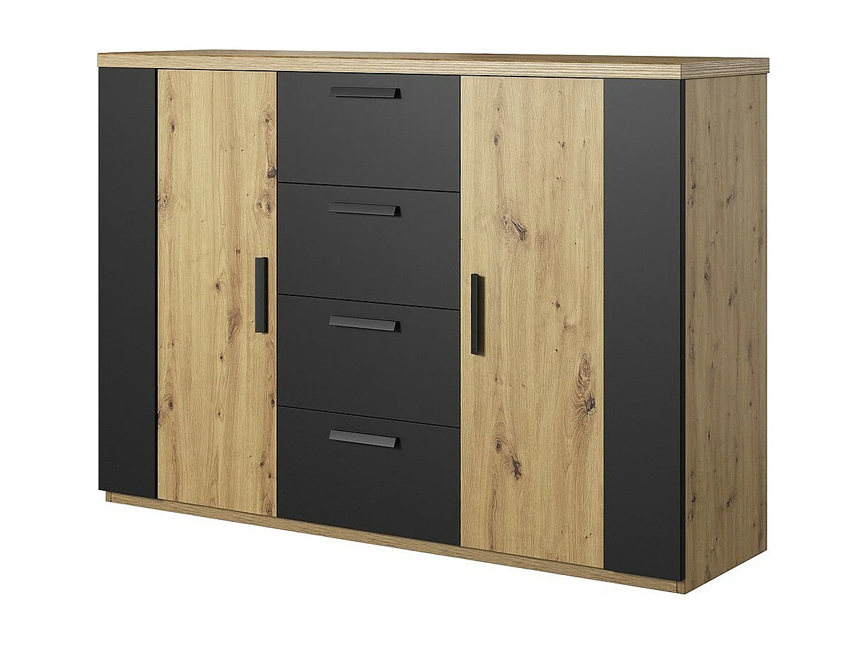 Complete slaapkamer FOX: Bed met opbergruimte 180x200, kledingkast, commode, nachtkastjes, licht eiken en zwart