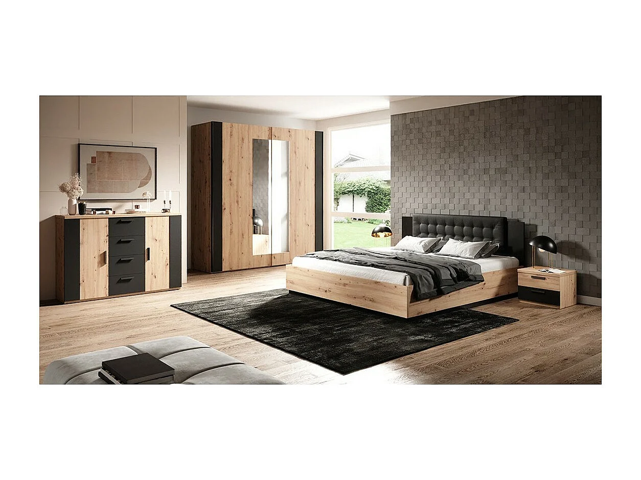 Chambre compléte FOX : Lit coffre 180x200, Armoire, commode, chevets, chêne clair et noir