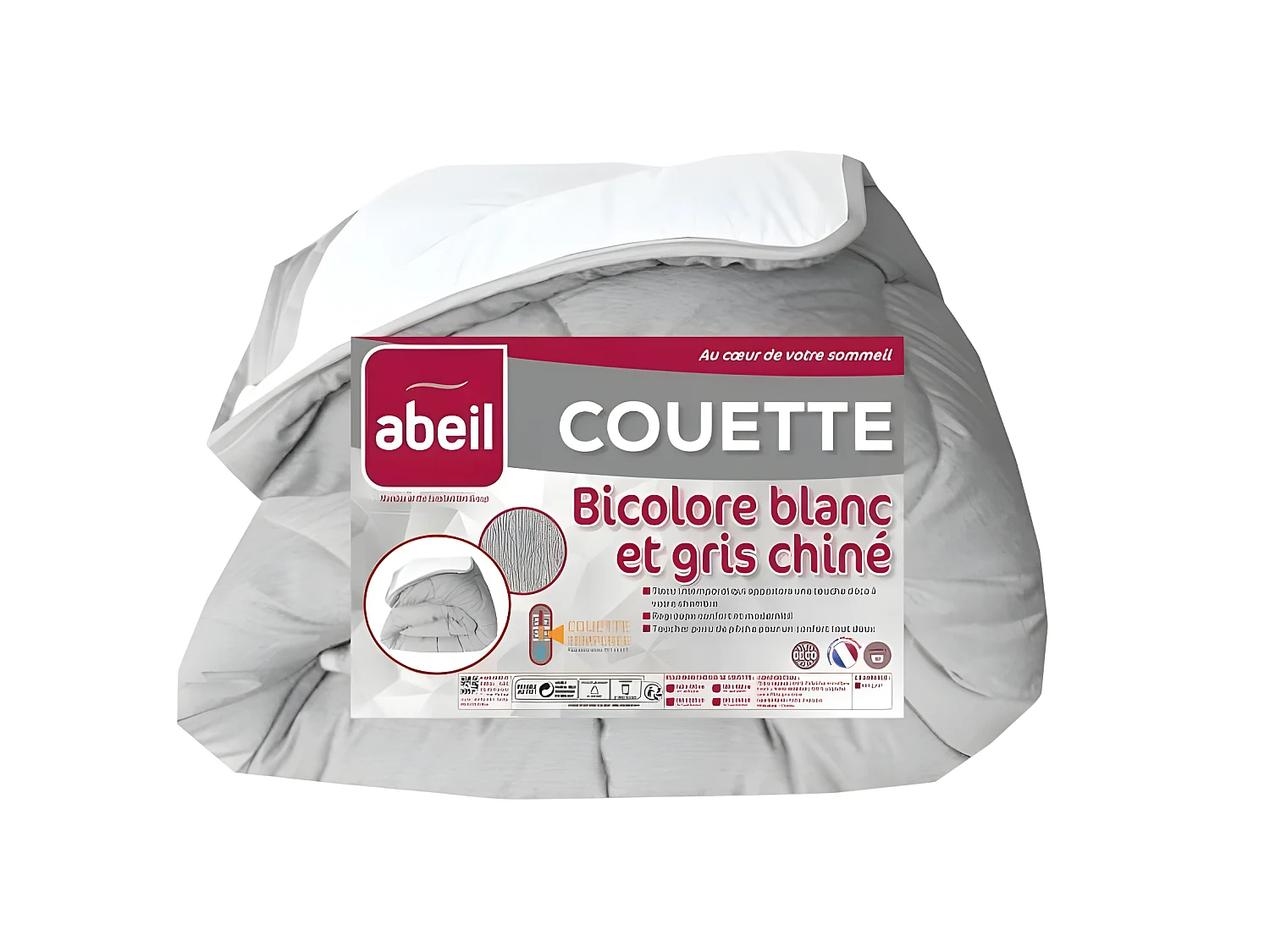 ABEIL Couette temperee BICOLORE 220x240cm - Blanc + Gris chine