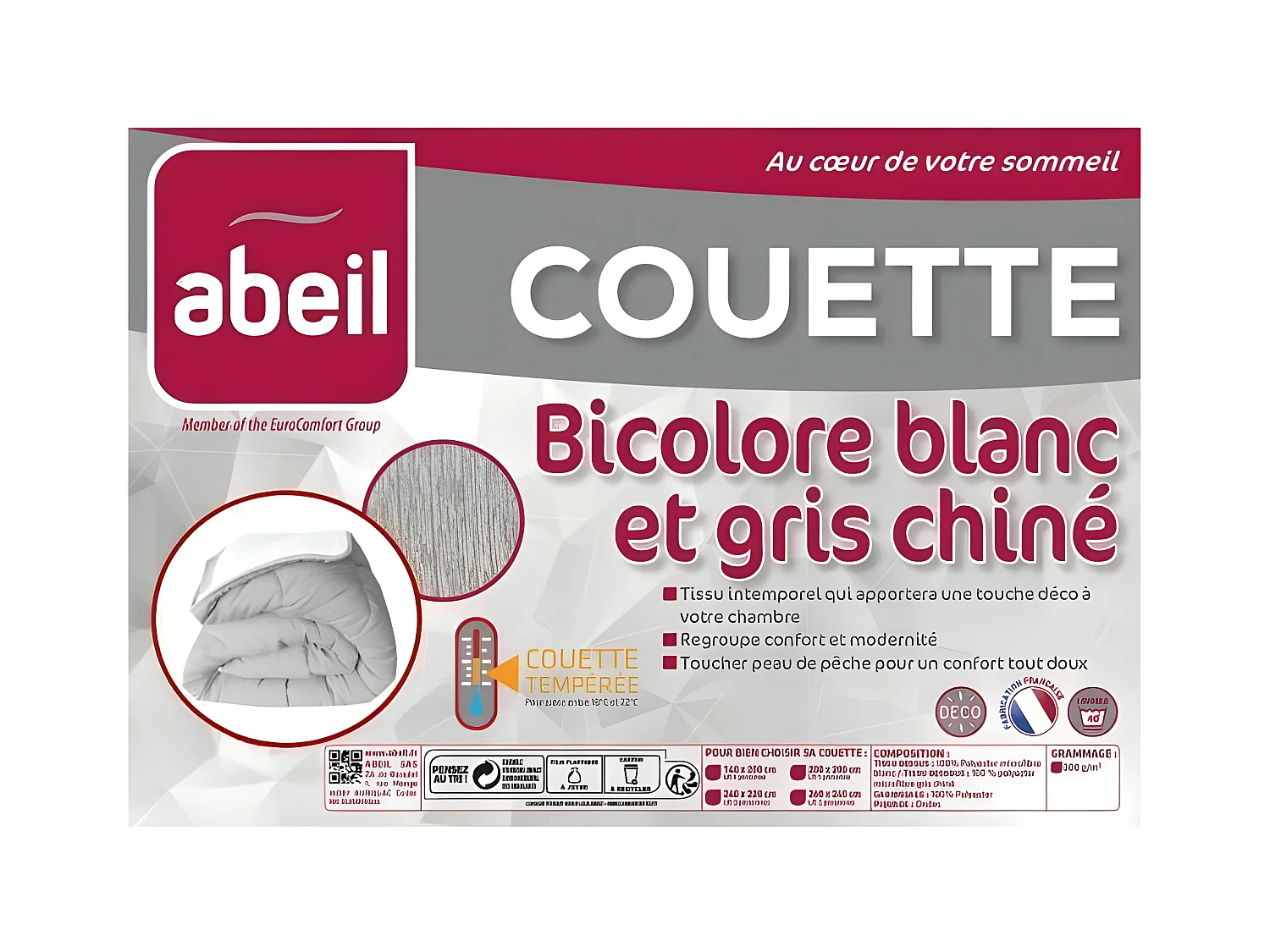 ABEIL Couette temperee BICOLORE 220x240cm - Blanc + Gris chine