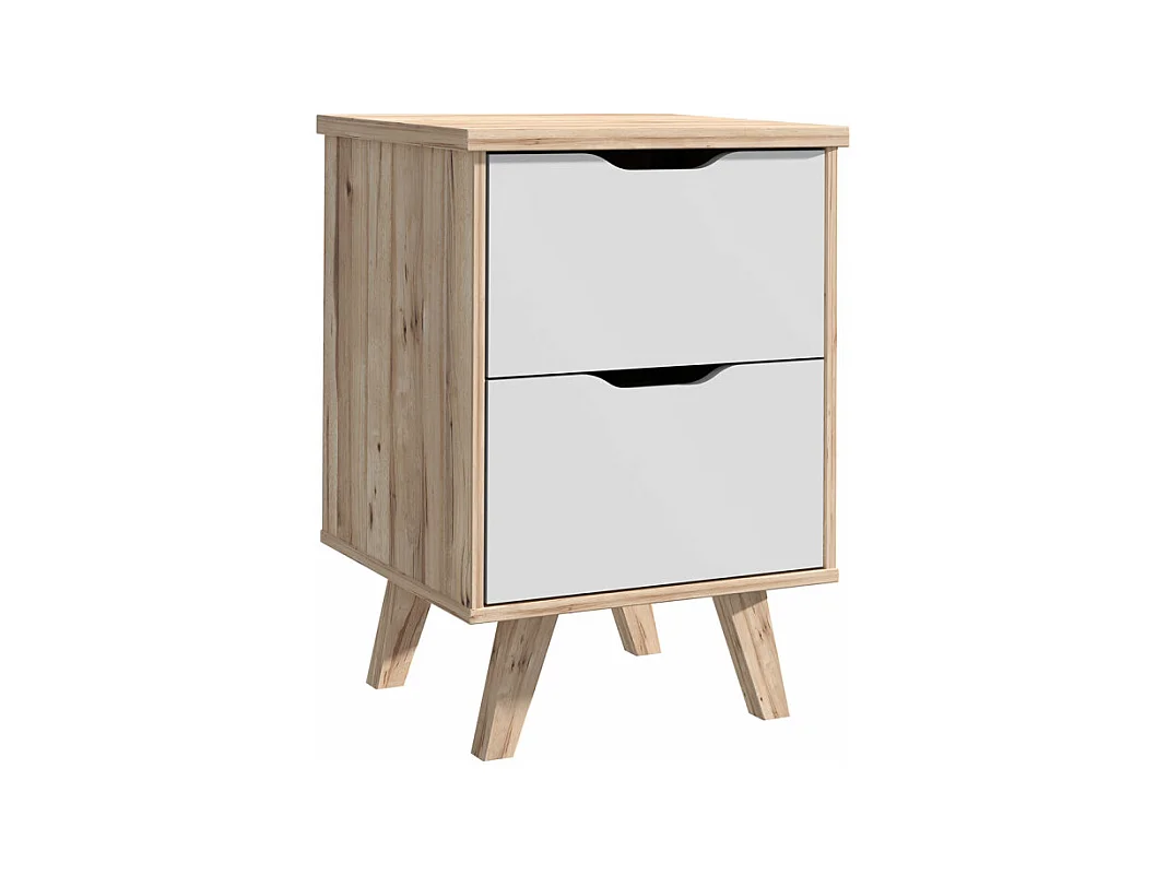 Table de chevet 2 tiroirs décor chêne et blanc pieds bois - ALBANE