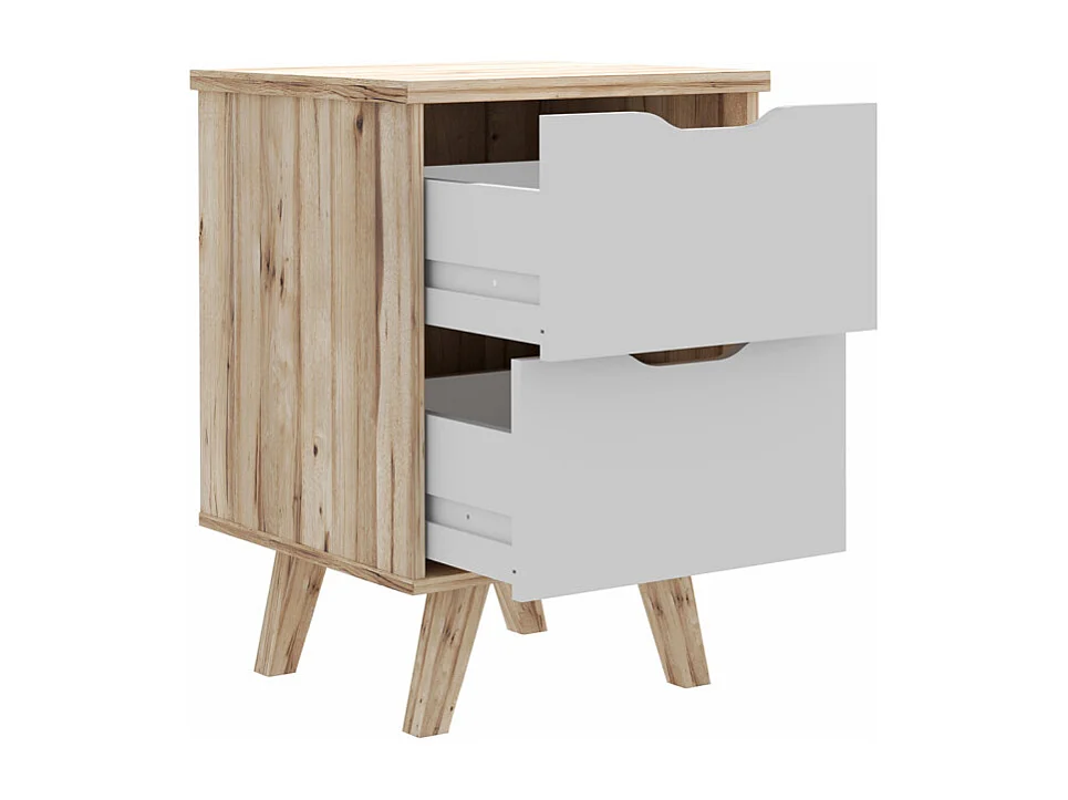 Table de chevet 2 tiroirs décor chêne et blanc pieds bois - ALBANE
