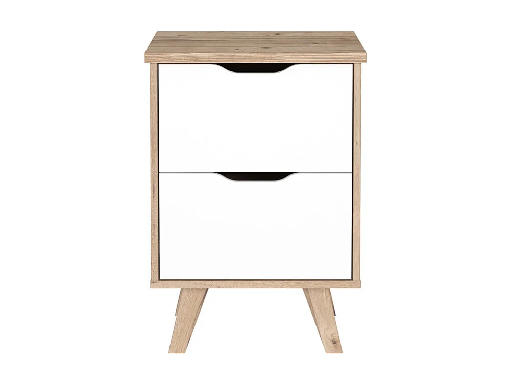 Table de chevet 2 tiroirs décor chêne et blanc pieds bois - ALBANE