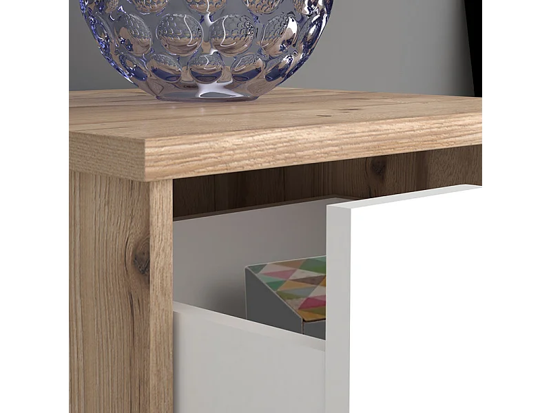 Table de chevet 2 tiroirs décor chêne et blanc pieds bois - ALBANE