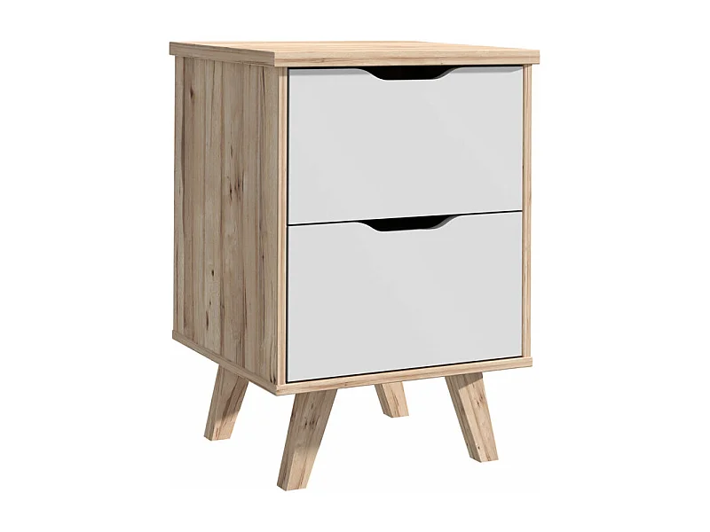 Table de chevet 2 tiroirs décor chêne et blanc pieds bois - ALBANE