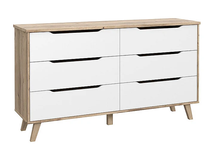 Commode 6 tiroirs décor chêne et blanc pieds bois massif - ALBANE