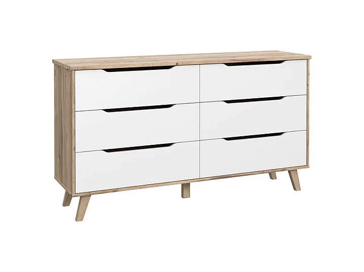 Commode 6 tiroirs décor chêne et blanc pieds bois massif - ALBANE