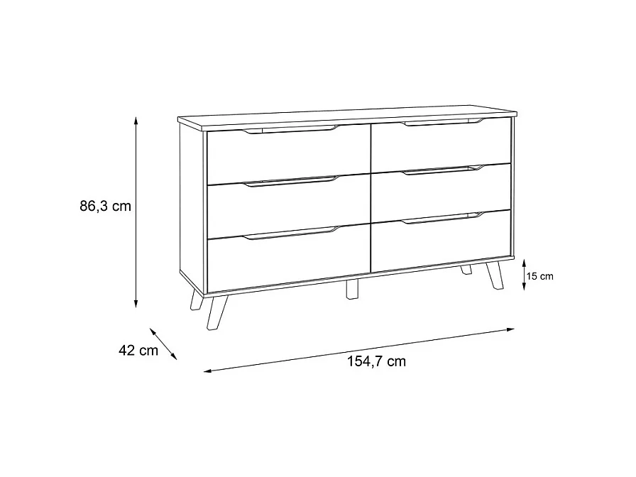 Commode 6 tiroirs décor chêne et blanc pieds bois massif - ALBANE