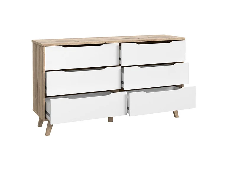 Commode 6 tiroirs décor chêne et blanc pieds bois massif - ALBANE
