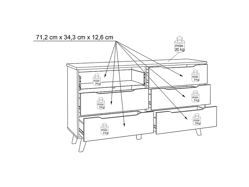 Commode 6 tiroirs décor chêne et blanc pieds bois massif - ALBANE
