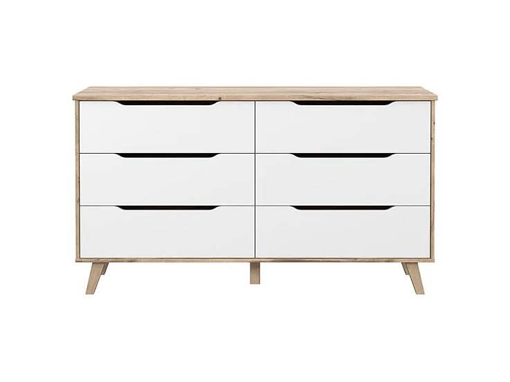 Commode 6 tiroirs décor chêne et blanc pieds bois massif - ALBANE