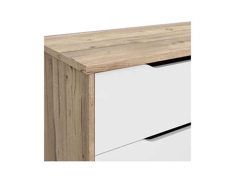 Commode 6 tiroirs décor chêne et blanc pieds bois massif - ALBANE