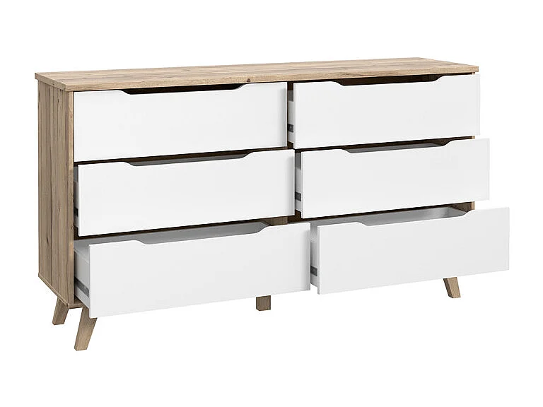 Commode 6 tiroirs décor chêne et blanc pieds bois massif - ALBANE