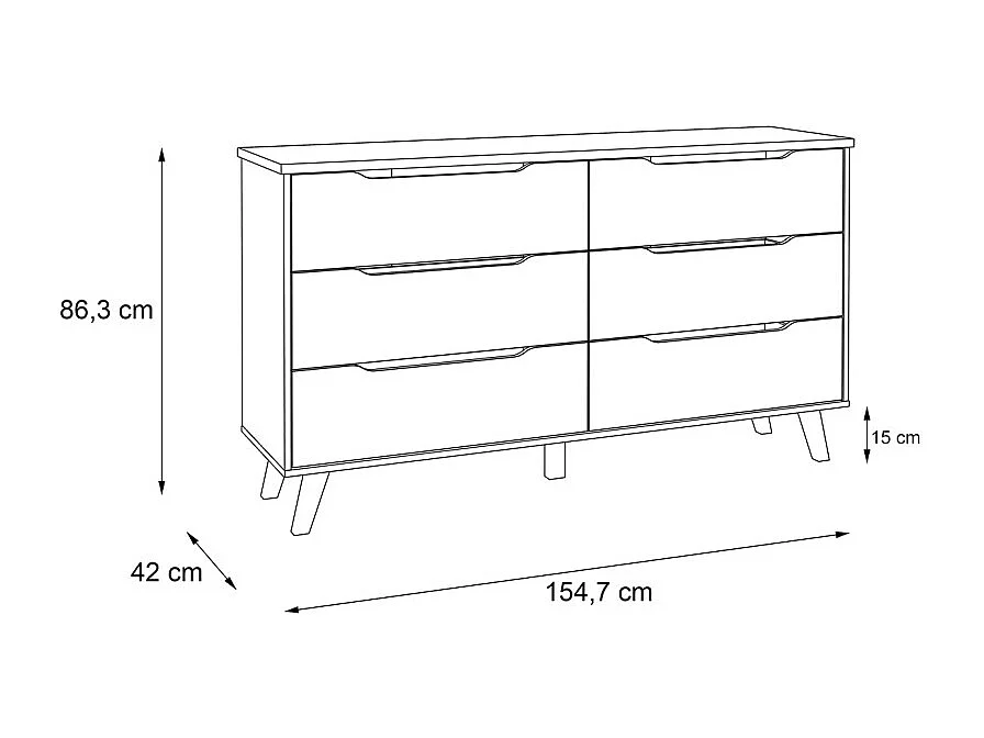 Commode 6 tiroirs décor chêne et blanc pieds bois massif - ALBANE