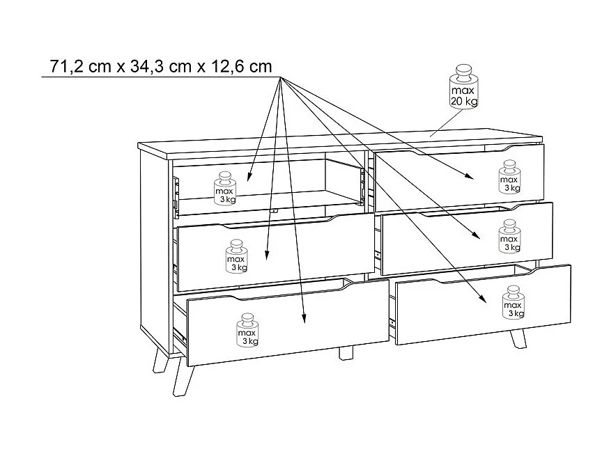 Commode 6 tiroirs décor chêne et blanc pieds bois massif - ALBANE