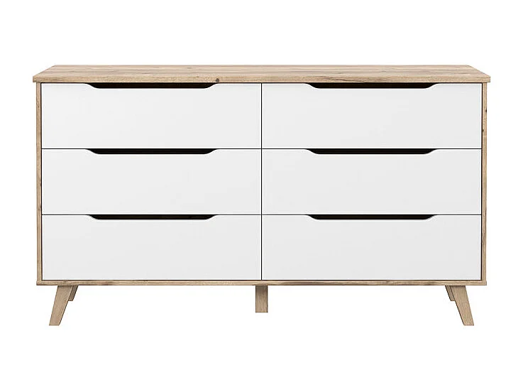 Commode 6 tiroirs décor chêne et blanc pieds bois massif - ALBANE
