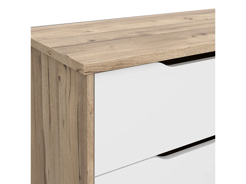 Commode 6 tiroirs décor chêne et blanc pieds bois massif - ALBANE