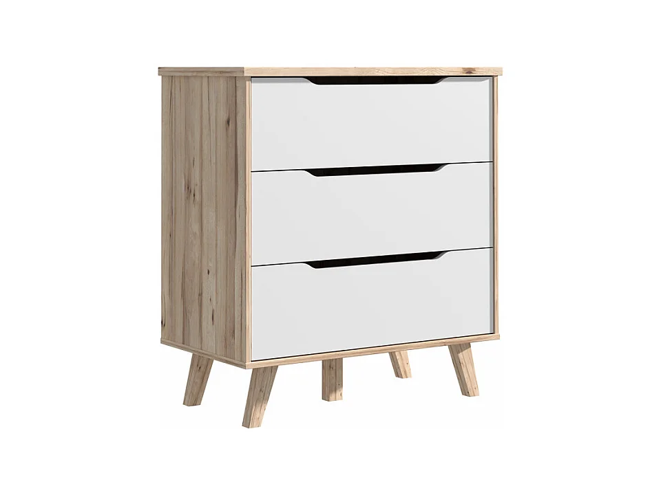 Commode 3 tiroirs décor chêne et blanc pieds bois massif - ALBANE