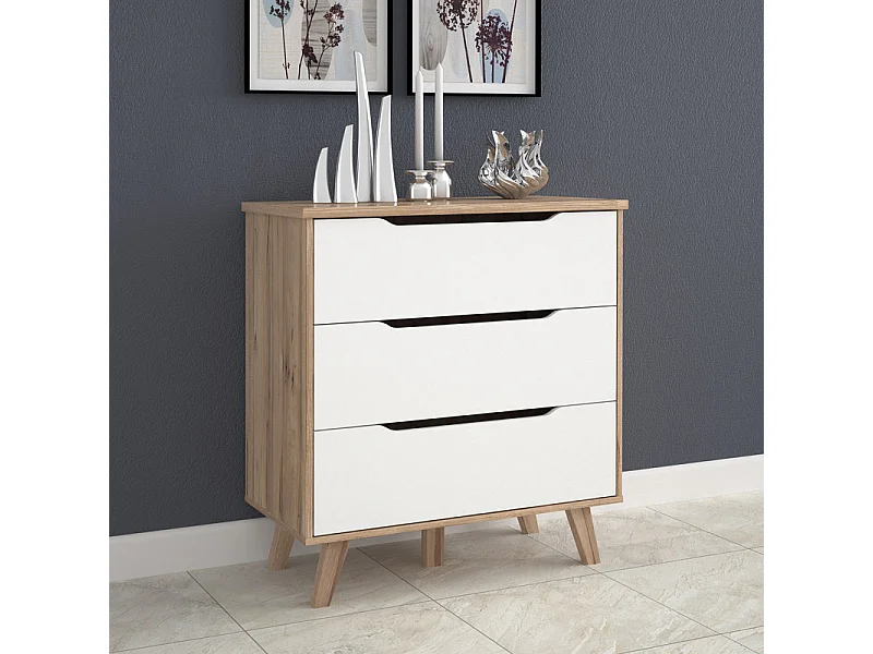 Commode 3 tiroirs décor chêne et blanc pieds bois massif - ALBANE