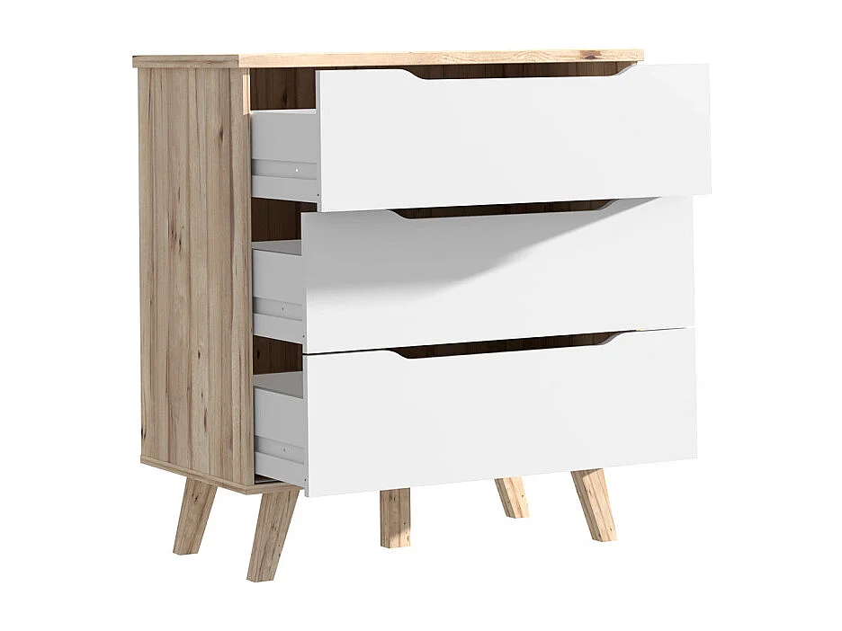 Commode 3 tiroirs décor chêne et blanc pieds bois massif - ALBANE