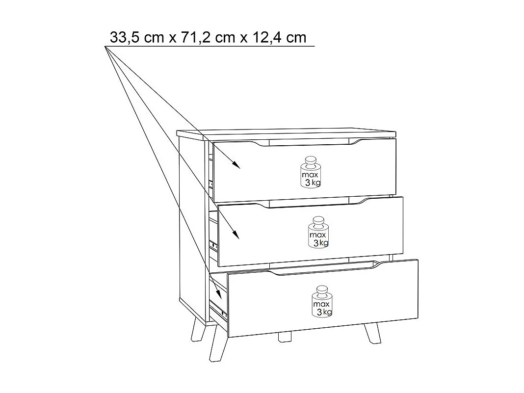 Commode 3 tiroirs décor chêne et blanc pieds bois massif - ALBANE