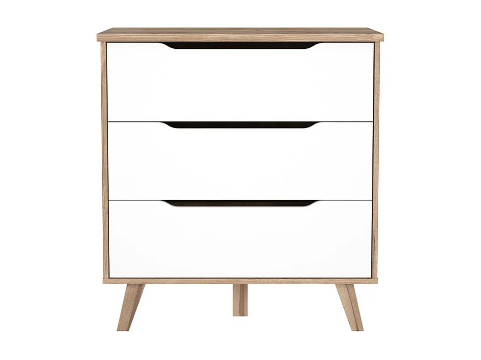 Commode 3 tiroirs décor chêne et blanc pieds bois massif - ALBANE